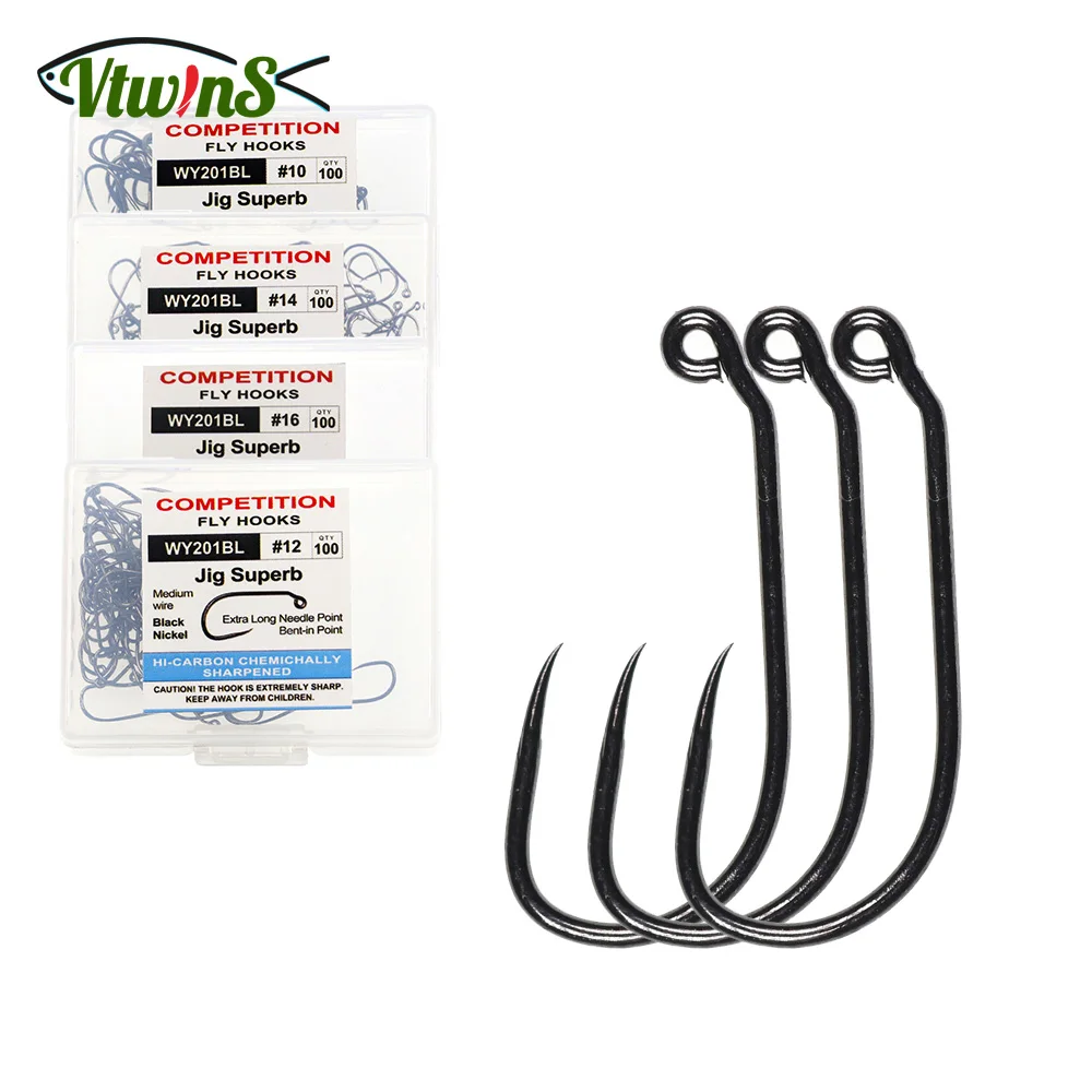 Vtwins 100PCS/Box Fishing Hooks Coating High Carbon Steel Jig Nymph  Black-nickel Finish Barbless 60-degree Eye Forged Trout Hook - AliExpress