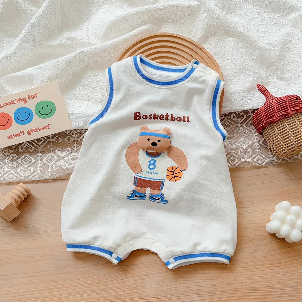 

2024 Summer Korean Infant Boys Romper Sleeveless Cartoon Bear Outdoor Cotton Newborn Boys Jumpsuit Handsome Baby Boys Overalls