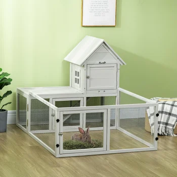 PawHut 5FT Rabbit Hutch with Run Wooden Large Guinea Pig Cage for Indoor, Grey