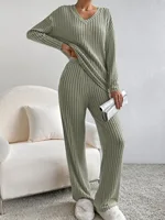 Autumn Winter Ribbed Knit Two Piece Set Womens V Neck Long Sleeve Top Wide Leg Pants Loungewear Casual Solid Color Outfit - Image 5