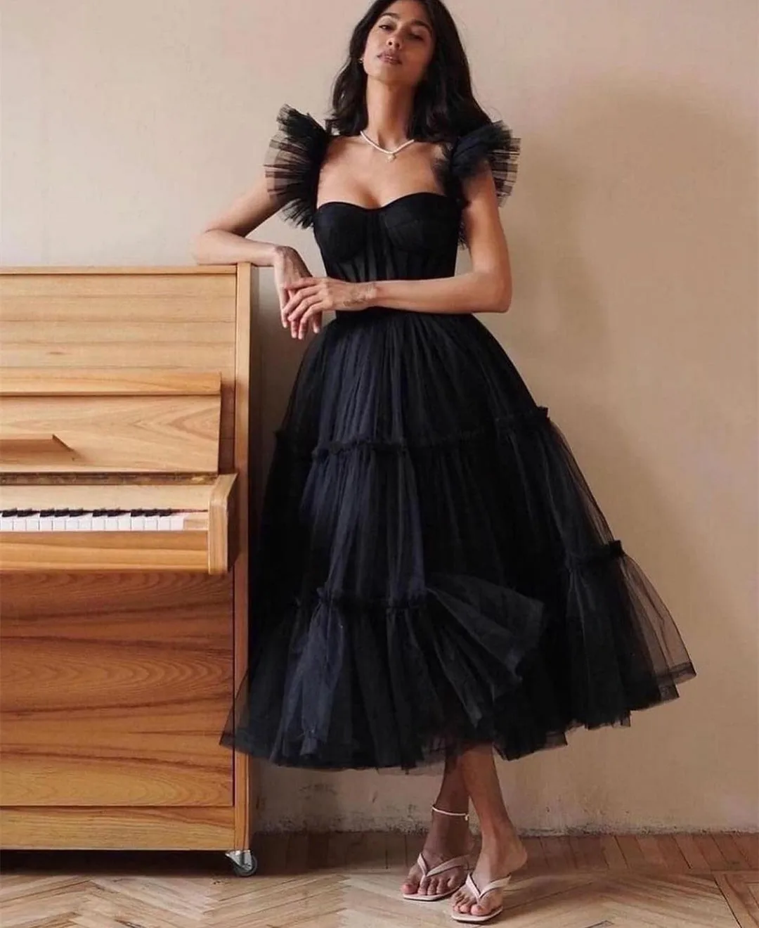 

Vintage Short Black Tulle Evening Dresses A-Line Sweetheart Pleated Tea Length فساتين السهرة Prom Gowns for Women