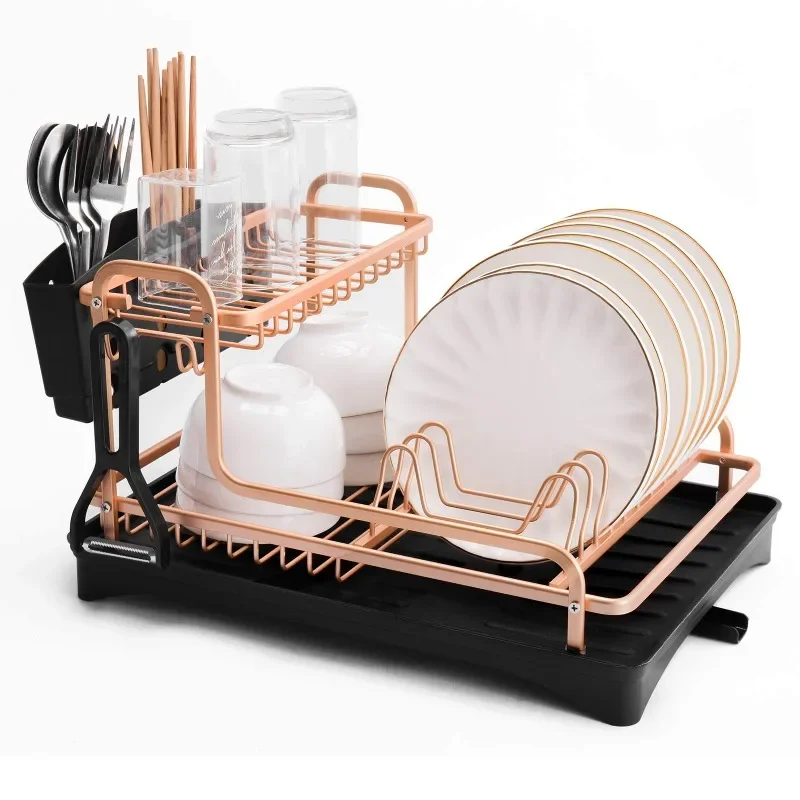 

2 Tier Aluminum Stand Dish Drying Rack Kitchen Organizer Drainer Plate Holder Cutlery Storage Shelf Sink Accessories Drain
