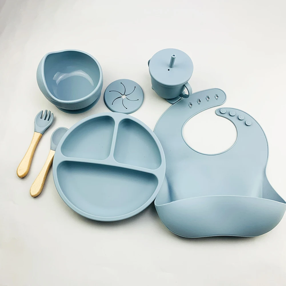 8Pcs Baby Silicone Plate Cup Spoon Set Baby Feeding Sucker Bowl Bib Fork Dishes BPA Free Food Grade Silicone Baby Tableware Set