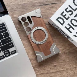 Aluminum Alloy Frameless Magnetic Holder Phone Case with Wooden Hard Cover - S26ultra (Titanium)