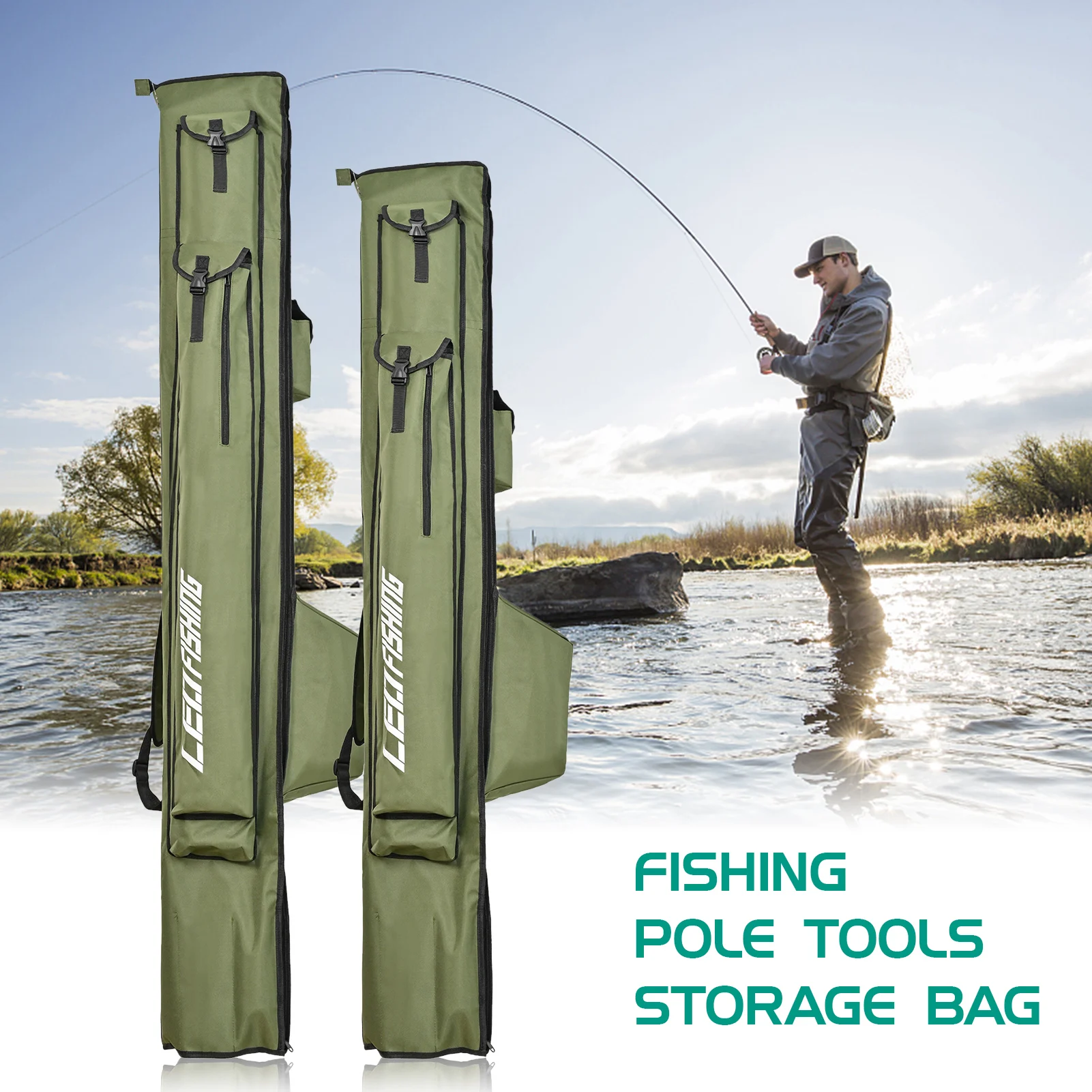 

1.75m/1.95m Fishing Rod Reel Bag with Pockets Pole Reel Shoulder Storage Bag Portable Rod Tackle Tool Carrier