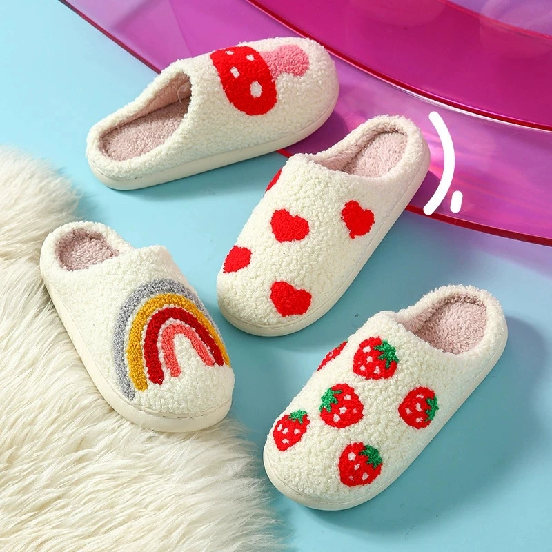 Chic Mix Color Women's Cotton Slippers Winter 2025 Flat Heel Indoor Anti Slip Fur Slippers Woman Rainbow Heart Print Home Slides