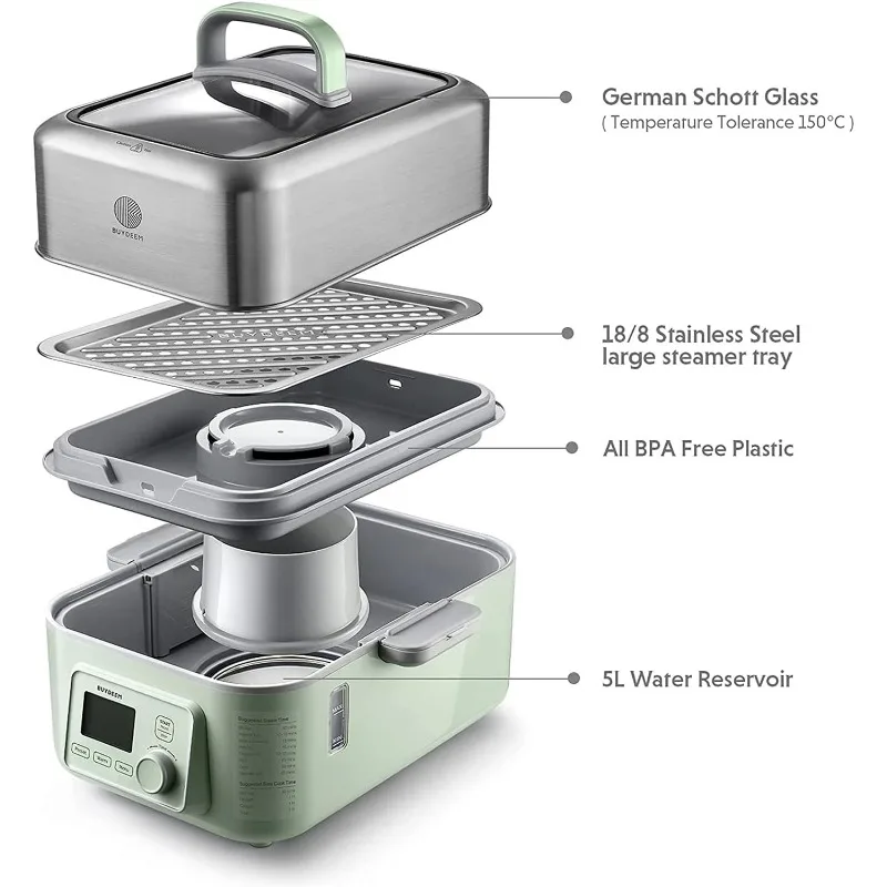 BUYDEEM G563-A501 Electric Food Steamer for Cooking, 2 Tire Stainless Steel Steamer with Slow Cook Mode, 1500W, 10-Quart, Green 5