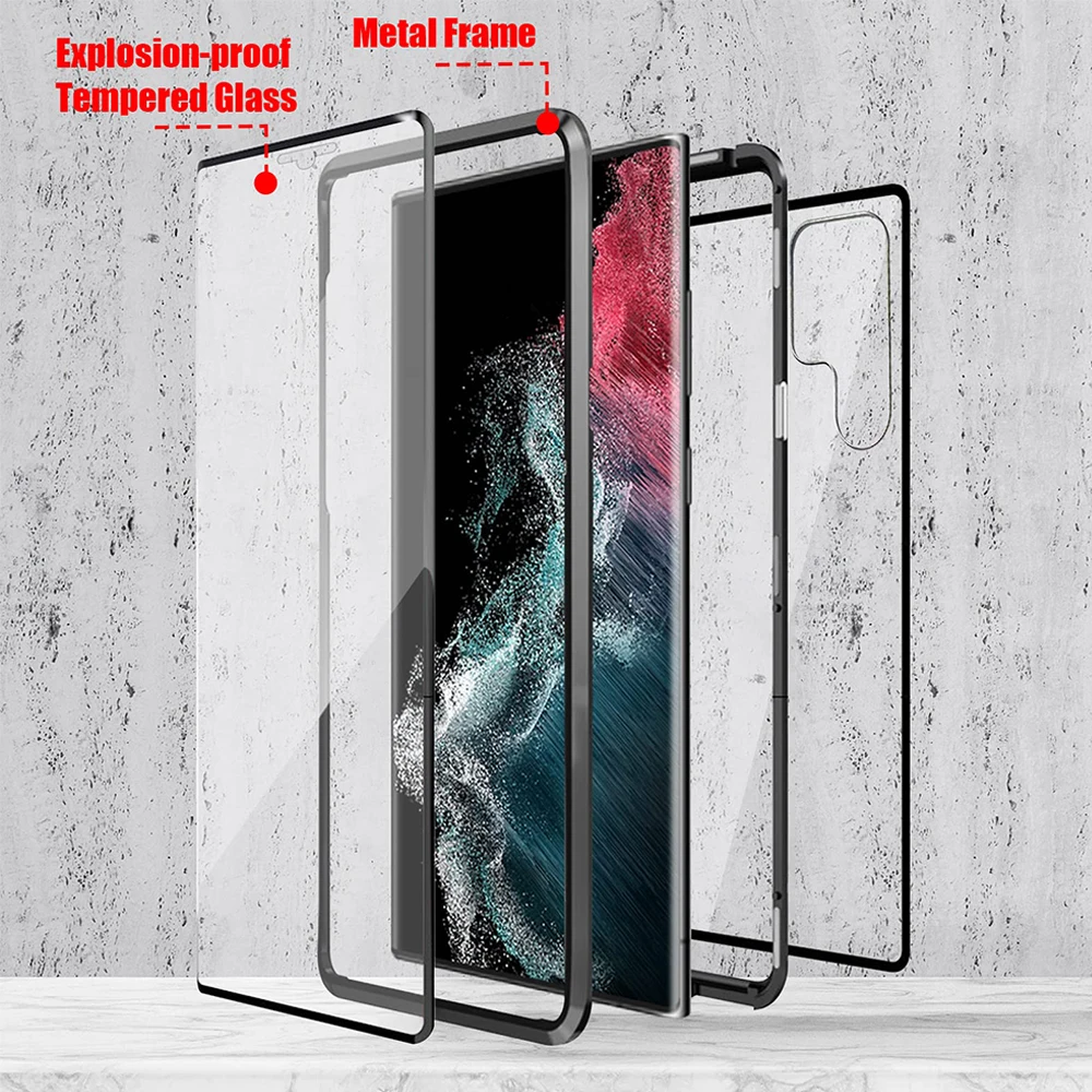 galaxy s22+ flip case Magnetic Case for Samsung Galaxy S22 Plus Ultra Double Sided Clear Tempered Glass Phone Case Cover Supprot Wireless Charging galaxy s22+ wallet case