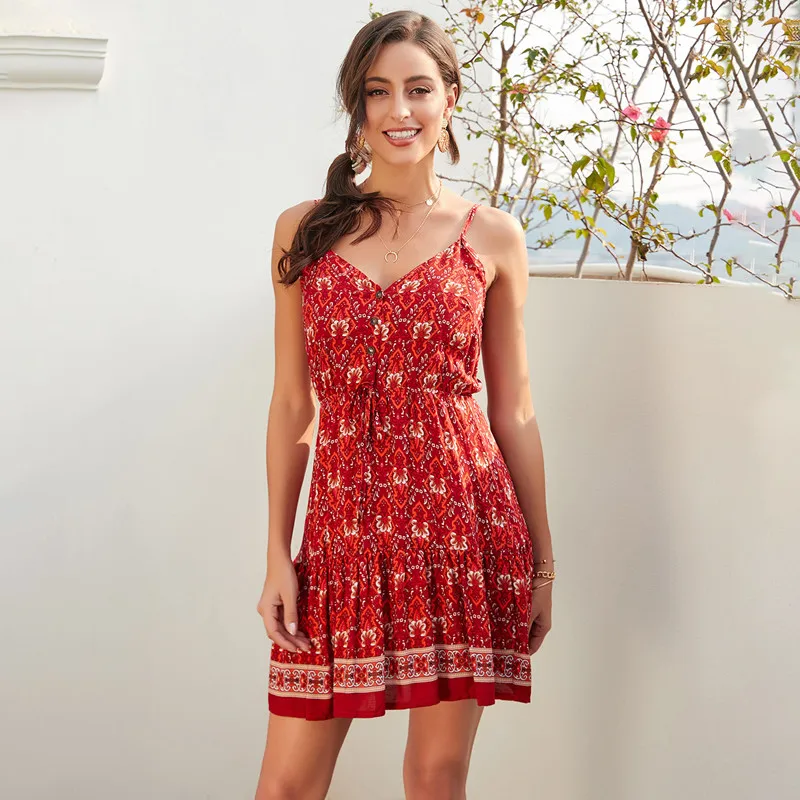

Женское платье в стиле бохо, красное Летнее цветочное платье без спинки, пляжный мини-сарафан, короткая одежда в богемном стиле, красивые желтые бретельки
