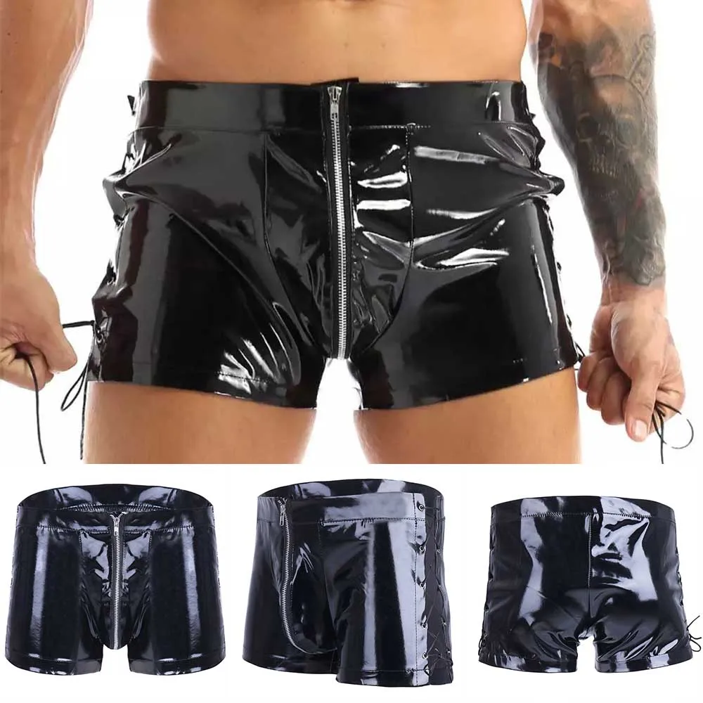 

Fashion Cool Boxer Briefs Mens PVC Leather Wet Look Silky Shiny Zip Bulge Bag Pouch Shorts Gays Underwear Clubwear Swimwear