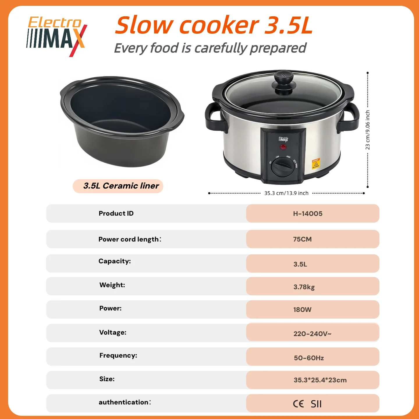 סיר בישול איטי אלקטרו מקס 3.5 ליטר/6.5 ליטר – מאושר לשימוש בשבת על ידי זומט, סיר קרמי, מכסה זכוכית, 180W/315W, סיר נירוסטה