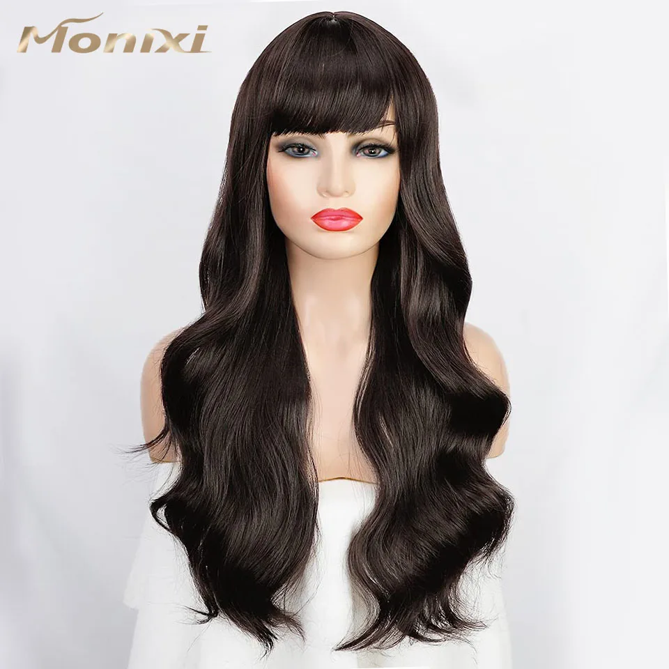 

MONIXI синтетический длинный волнистый парик темно-коричневые парики для женщин парик с челкой ежедневно используемый Платиновый высокотемпературный провод волос