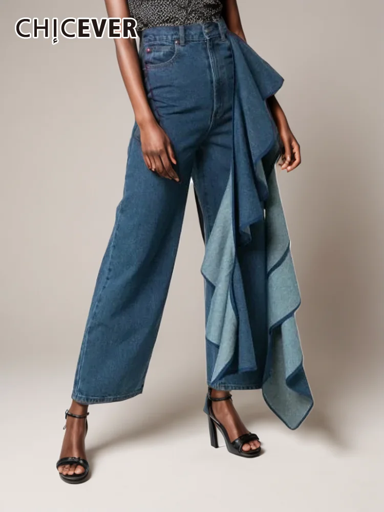 

CHICEVER Casual Asymmetrical Denim Pants For Women High Waist Patchwork Ruffles Autumn Vintage Fashion Wide Leg Trousers Female