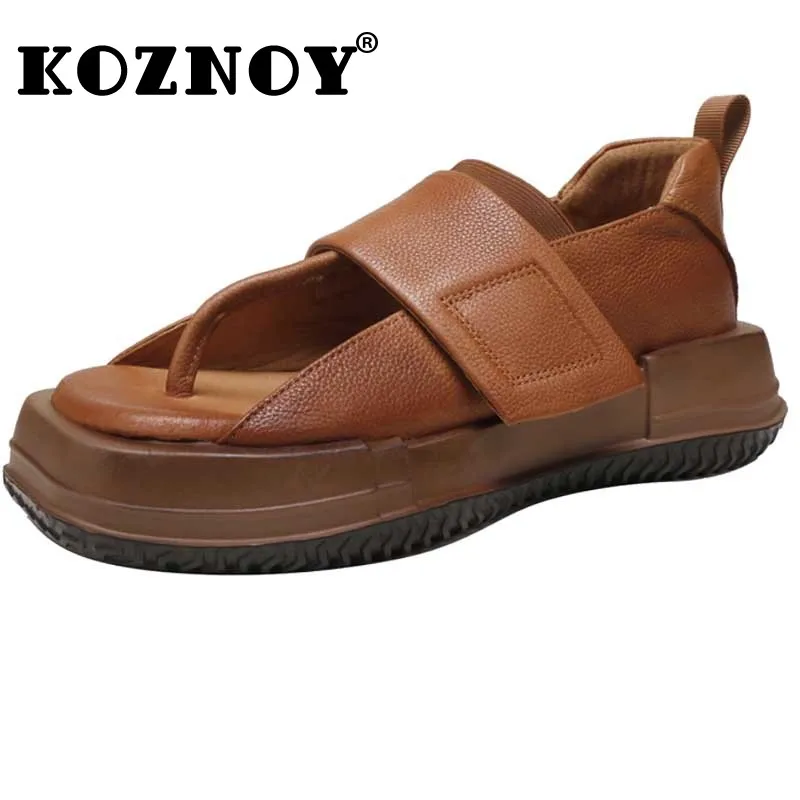 

Koznoy 4cm Sandals Women Moccasins Summer British Hook Flip Toe Cow Genuine Leather Platform Wedge Clip Toe Mary Jane Loop Shoes