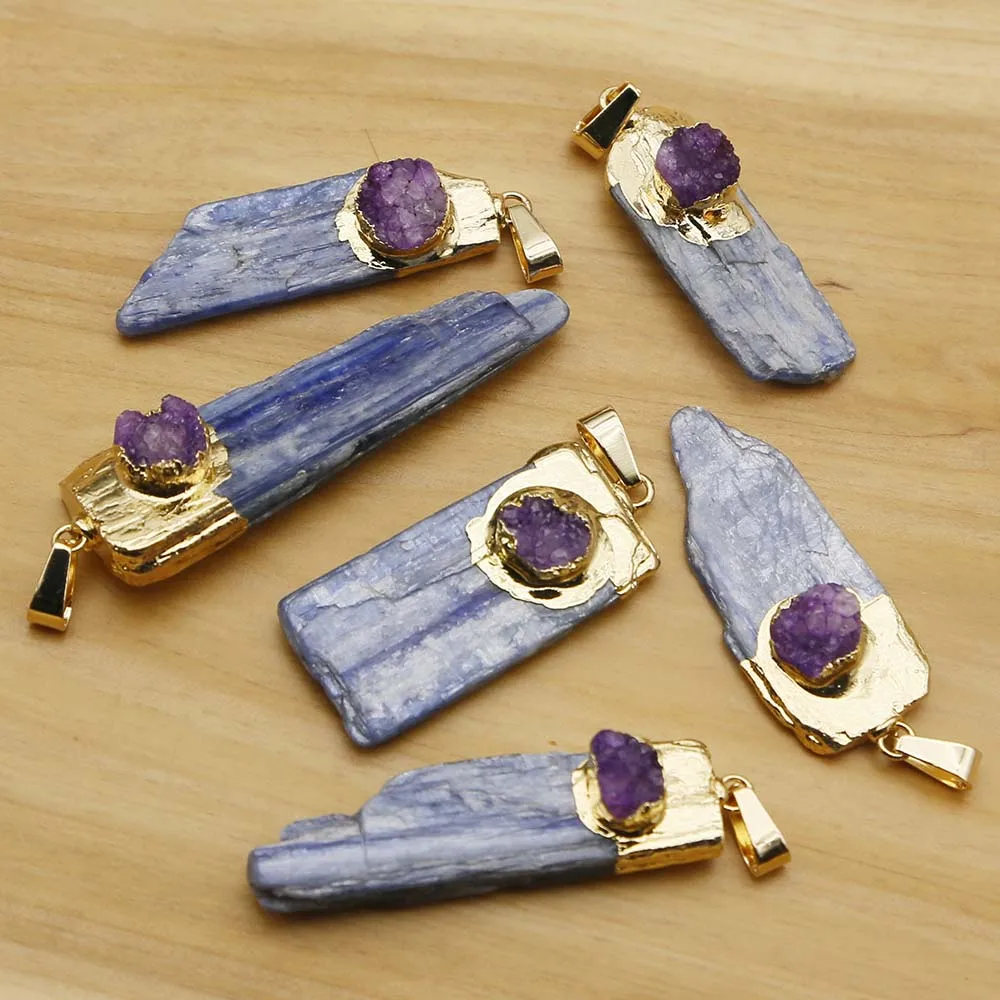 Natural Raw Stone Irregular Purple Agate Blue Crystal Strip Pendant Necklace Reiki Charms DIY Jewelry Accessories Wholesale 8Pcs