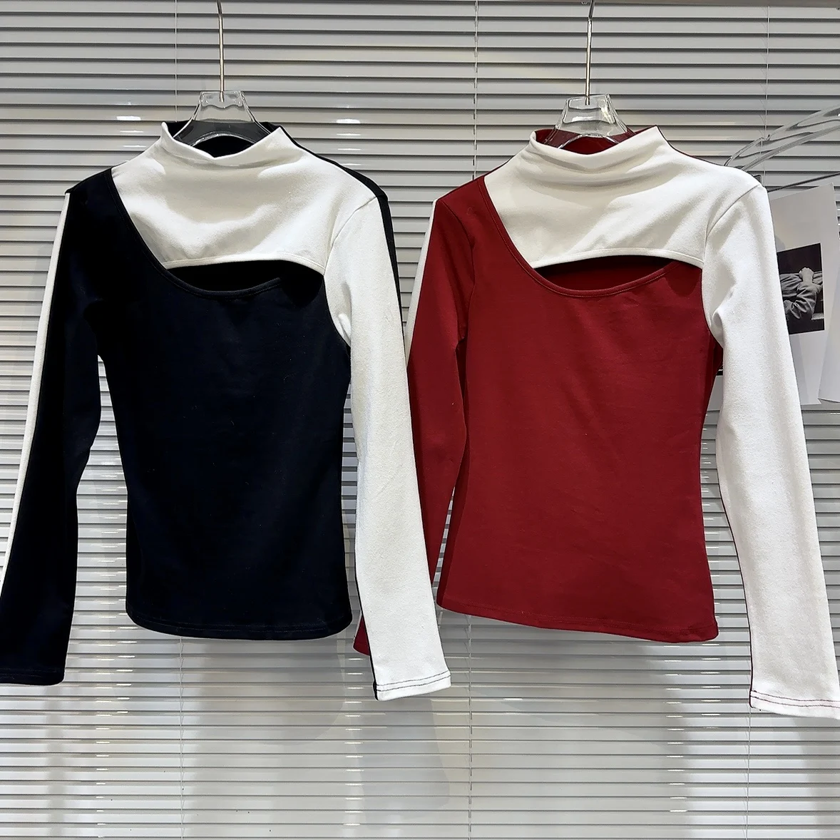 

Women Mock Neck Tops Colorblock Crossed Hollow Cut Out Long Sleeve Black Red T Shirt