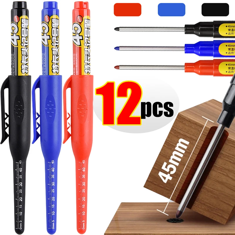Multi-Purpose 45mm Deep Drill Hole Long Nib Waterproof Marker Pens for Bathroom Woodworking Long Head Carpenter Pen 1-12Pcs