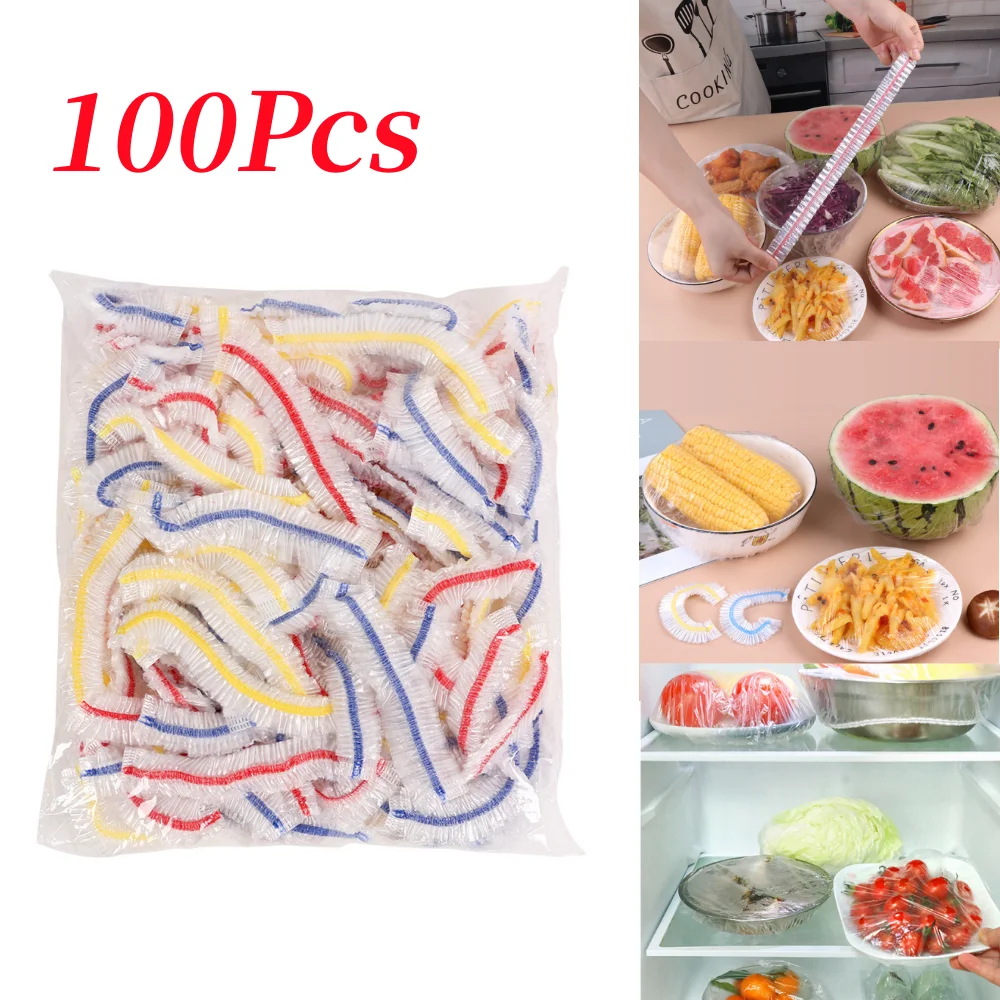 

100 шт. разноцветная одноразовая пищевая накидка Saran, эластичная пластиковая сумка для сохранения свежести фруктов и овощей, кухонные аксессуары