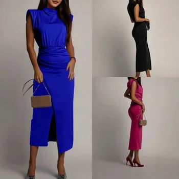 Mandylandy Summer Bodycon Midi Dress Solid Color Slim-fit Hip-wrapped Elegant Long Dress Sleeveless High Waist Sheath Dress