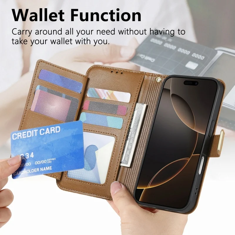 Magnetic Leather Zip Wallet Phone Case with Lanyard
