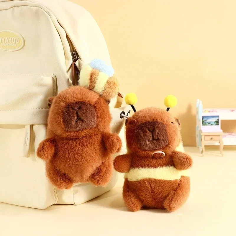 1-10PCS Brown Soft Capybara Key Ring Cross Dressing Funny Plush Bee Pendant Fur Pulling Rope Cartoon Animal Keychain Couple