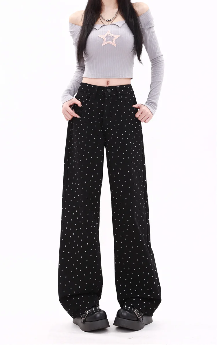 

Women's Black Gothic Y2k Jeans Harajuku 2000s Trashy Straight Denim Trousers Streetwear Baggy Dot Jean Pants Vintage Emo Clothes