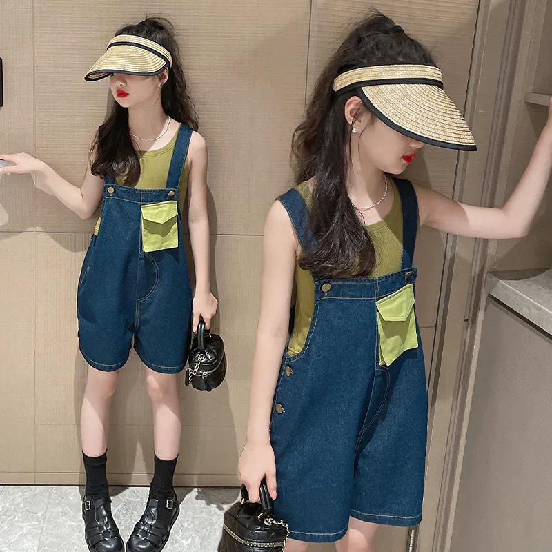 

Teenage Girls Suspenders Suit Kids Small Vest + Denim Suspenders Shorts Suit 2023 Summer Children's Clothes Wear