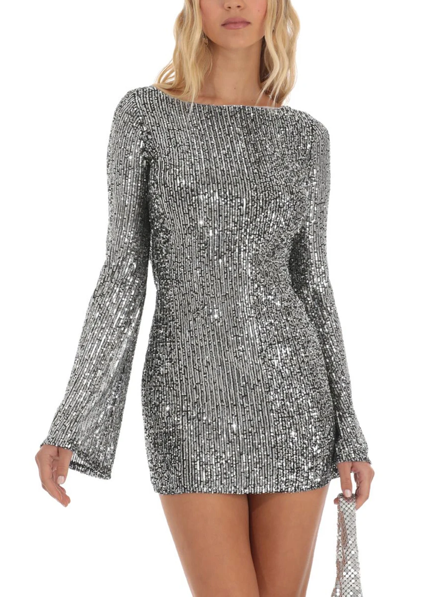 

DeuYeng Women s Sparkly Glitter Bodycon Dress Sequins Long Sleeve Tie-Up Backless Club Night Party Cocktail Dresses