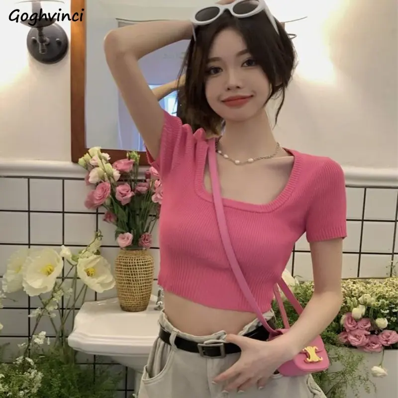 

Женская трикотажная футболка, Повседневная универсальная Милая приталенная летняя шикарная уличная одежда с квадратным вырезом для девушек