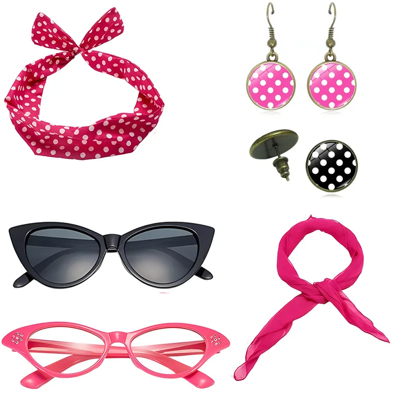 6pcs Set 1950s Costume Accessories Women Vintage Cat Eye Glasses Chiffon Scarf Polka Dot Earrings and Headband - 5