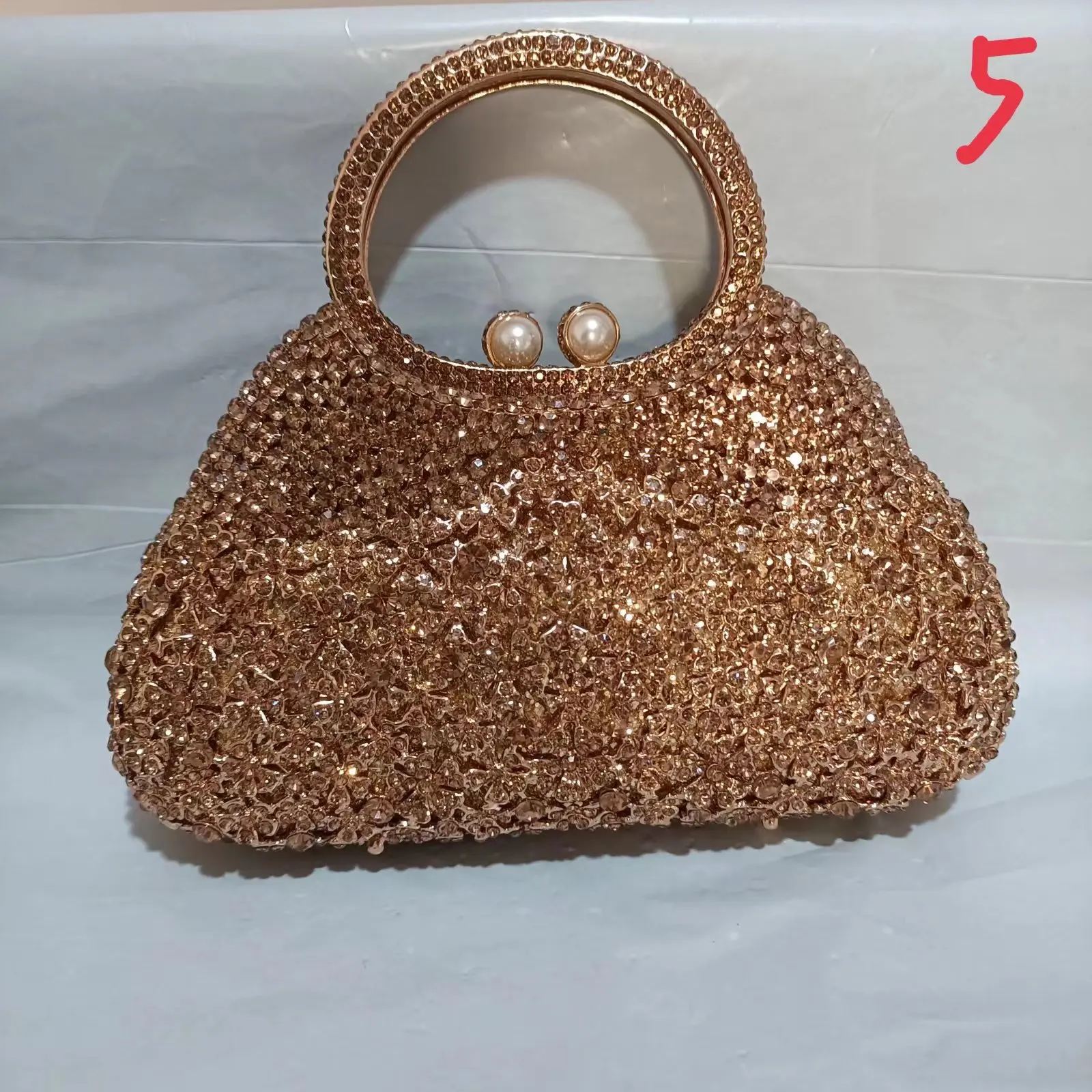 Gold Metal Pearl Top-Handle White Crystal Clutch Bag High Quality Women's Flower Diamond Wedding Bridal Handbags Fashion Bags