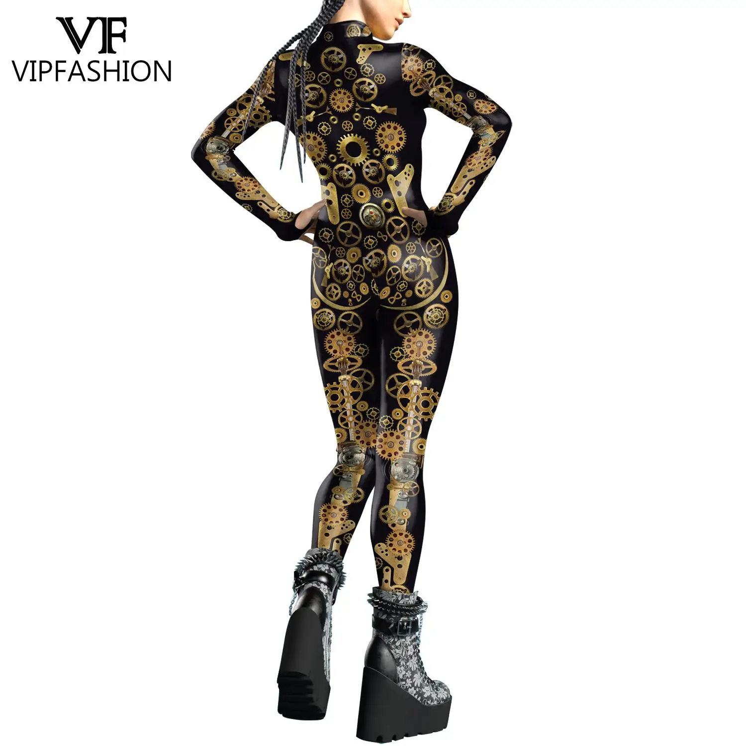 VIP FASHION Punk Zentai Bodysuit Woman Party Costume Halloween Festival Catsuit Front Zipper Jumpsuit Outfit with Thomb Sleeves