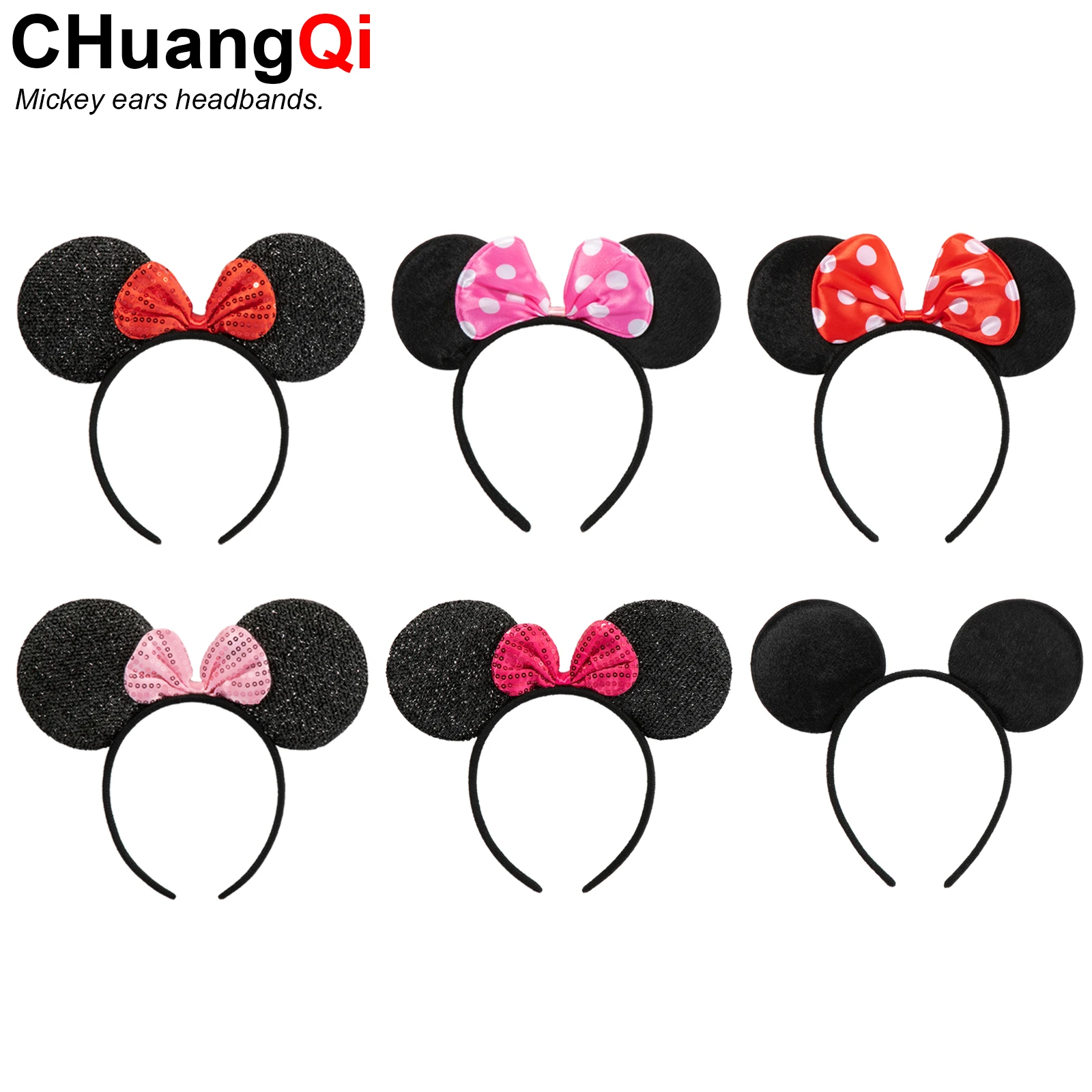 CHuangQi 2pcs Mouse Ears Headband with Bow, Mickey Minnie Ears Headband for Boy / Girl Birthday Party, Great Party Favors