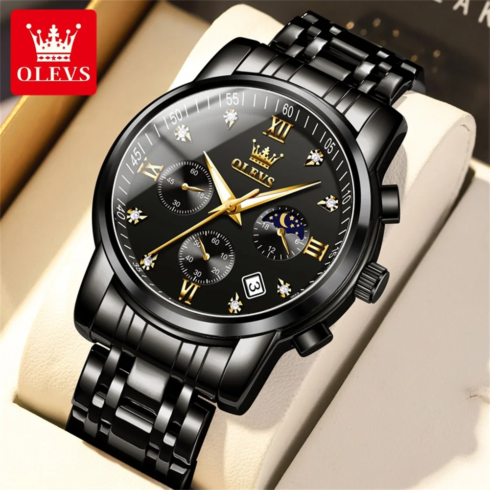 Classic Luxury Quartz Men's Watch with Moon Phase and Waterproof Stainless Steel Design