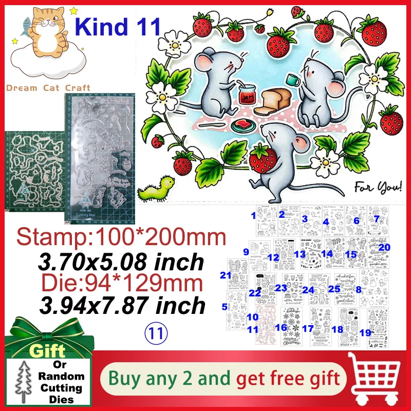 Kit Tampons Clairs & Dies Souris Fraise pour Scrapbooking