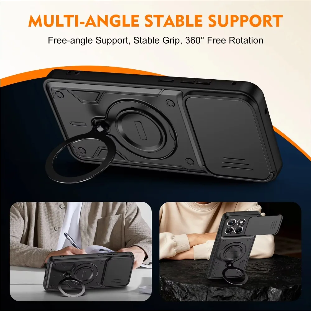 Magnetic Ring Stand Armor Case with Slide Camera Lens and Drop Protection