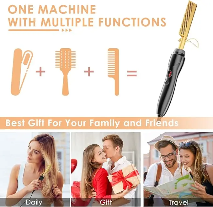 1Pcs 2-in-1 hot comb straightener, electric hot comb, fast heating, portable travel anti scalding beard straightener 6