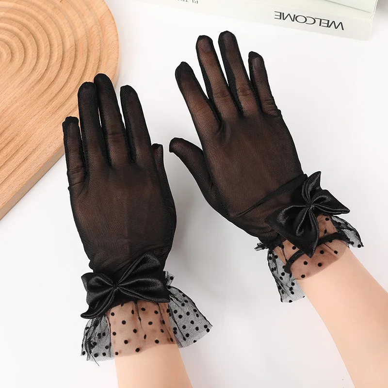 26CM Women Sexy Mesh Thin Bow Gloves Breathable Elasticity Bow Dot Cute Lovely Sweety Banquet Stage Performance Wedding