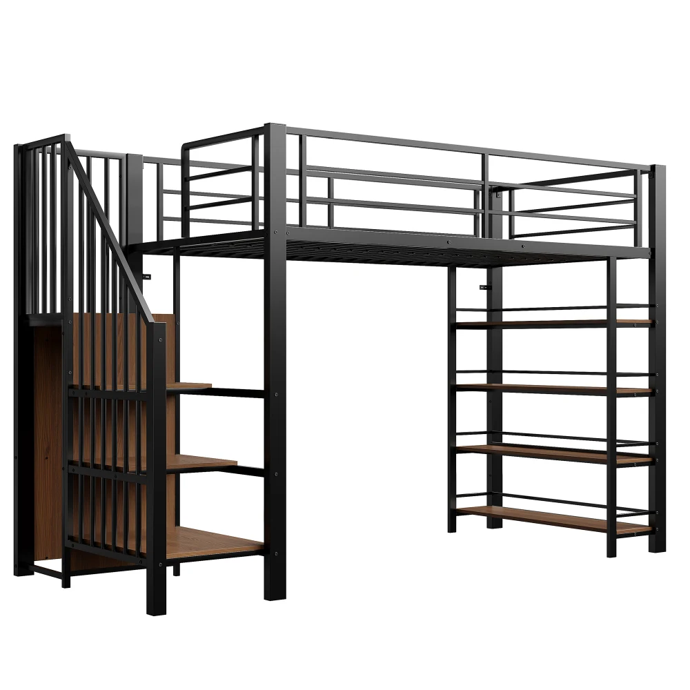90*200cm Hochbett für Kinder, mit Sicherheitstreppe, Stauraum und kleinem Kleiderschrank, Bodeneinbaum, Hochzaun-Design, Einzelbett – Detail 8