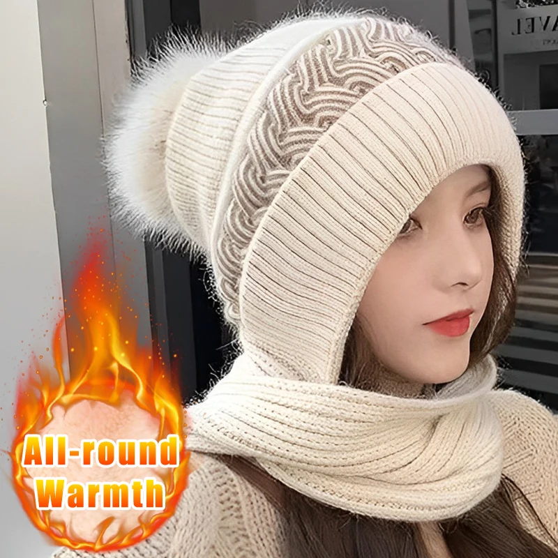 

Women's Cotton Beanies Hat Female Scarf Earmuff Winter All-round Warm Windproof Blend Knitted Plush Skullies Ear Protection Caps