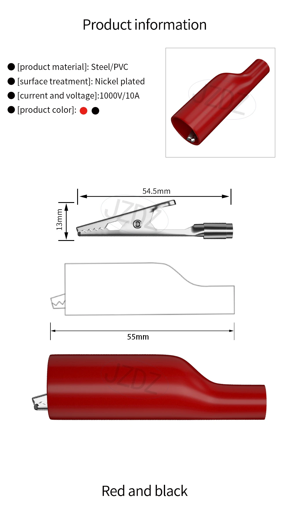JZDZ 10 Stück 55CM Krokodilklemmen mit Gewinde, Elektrische Klemmen für 4mm Bananenstecker, Testsonden, DIY Elektrowerkzeuge J.60011 – Detail 1