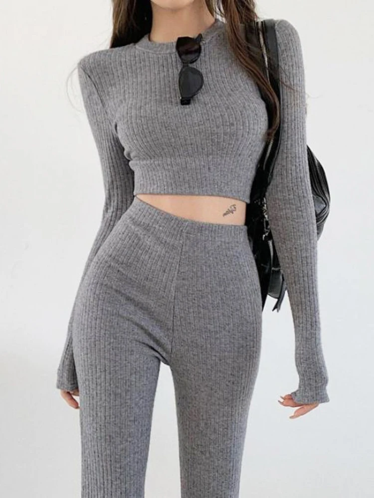 

Solid Color Women's Two Pieces Set Autumn New Round Neck Long Sleeve Sweater Fashion Flared Trousers Knitted Sweater Female Set