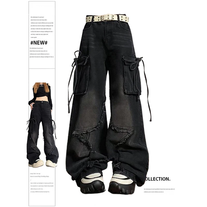 Black Gothic Baggy Women's Cargo Jeans: Star Y2K 90s Aesthetic Emo Denim Trousers - true deals club