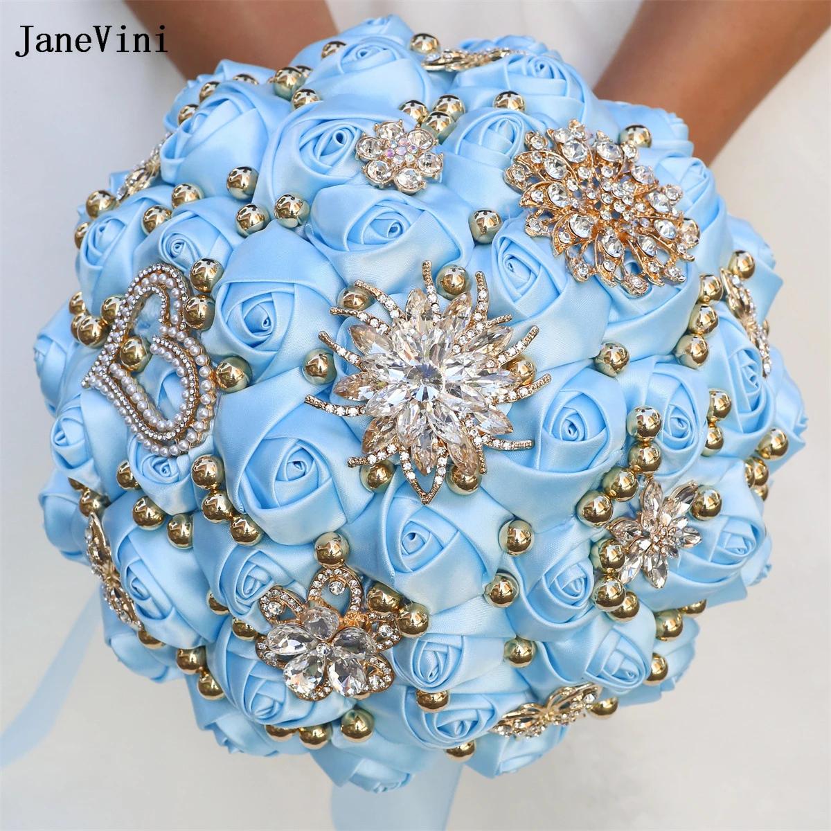 

JaneVini Charming Light Blue Ribbon Flowers Bridal Bouquets Luxury Pearls Crystal Artificial Satin Roses Wedding Brooch Bouquet