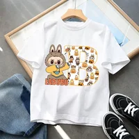 POP MART Labubu Kids Short Sleeve T-shirt Cartoon Anime 26 Letter Print Pullover Boys Girls Summer Casual Tops Loose Clothing 1
