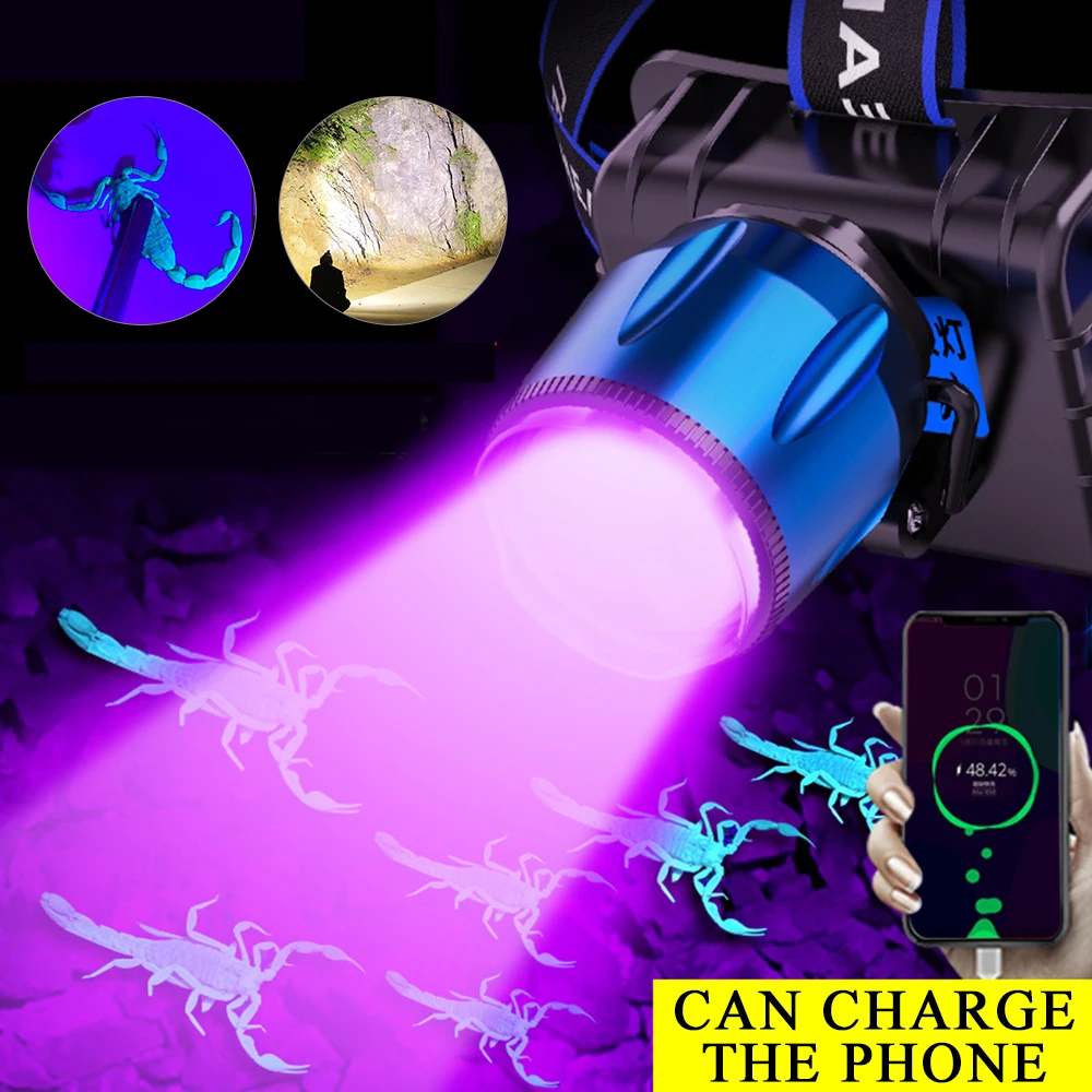 

C2 High Powerful 2 In 1 UV Light Headlamp USB Rechargeable LED Headlight UV Purple edc Light Head Flashlight Camping Torch Light