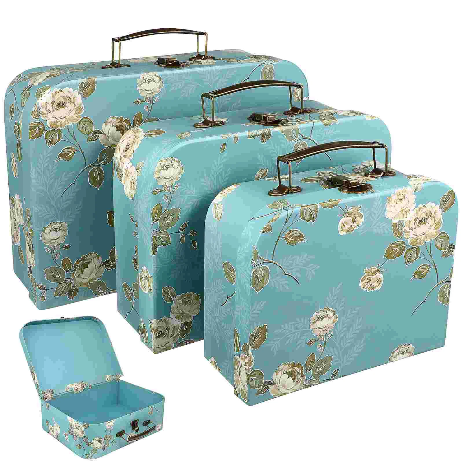 

Paperboard Suitcases with Metal Handles Floral Print Decorative Cardboard Storage Boxes Gift Boxes Crafts Boxes