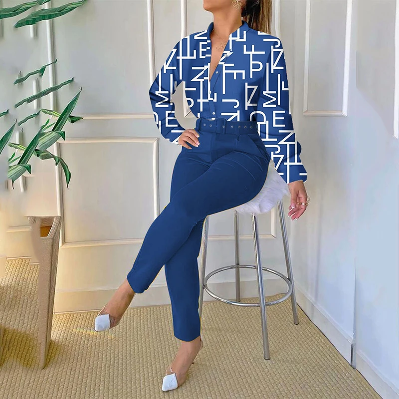 

2 Pcs Suit Elegant Office Stand Collar Button Printing Long Sleeve Shirt Top & Slim Solid Pencil Pant Suits with Belt Outifits