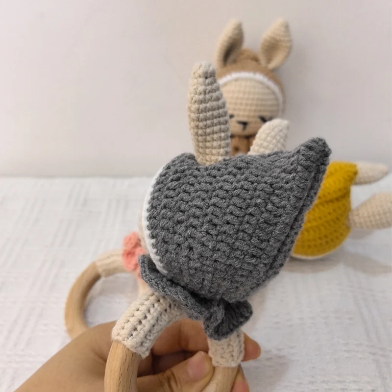 Baby Wooden Teether Crochet Cartoon Bunny Baby Rattle Toys Wooden Ring Rodent Toys Mobile Gym Kids Newborn Educational Toys Hand 4