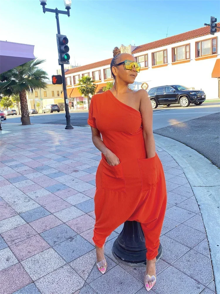 Wmstar Women Jumpsuit Summer Fashion New Solid Color Slanted Shoulder Wide Leg Pants Loose Fitting Holiday Party Ladies Suits